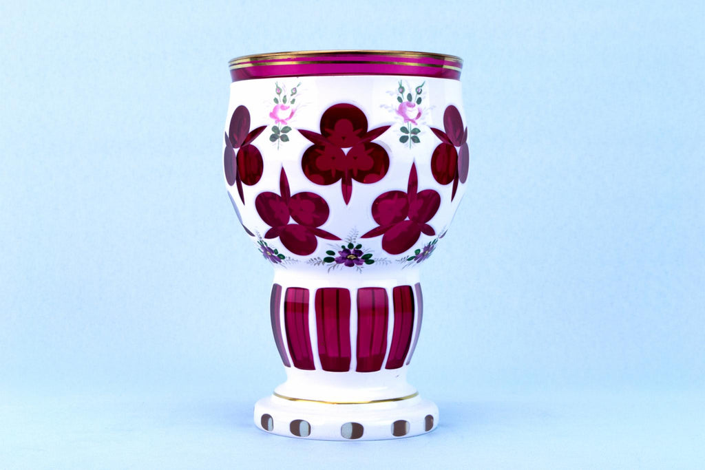 Cranberry & White Overlay Glass Vase, Bohemian Early 1900s