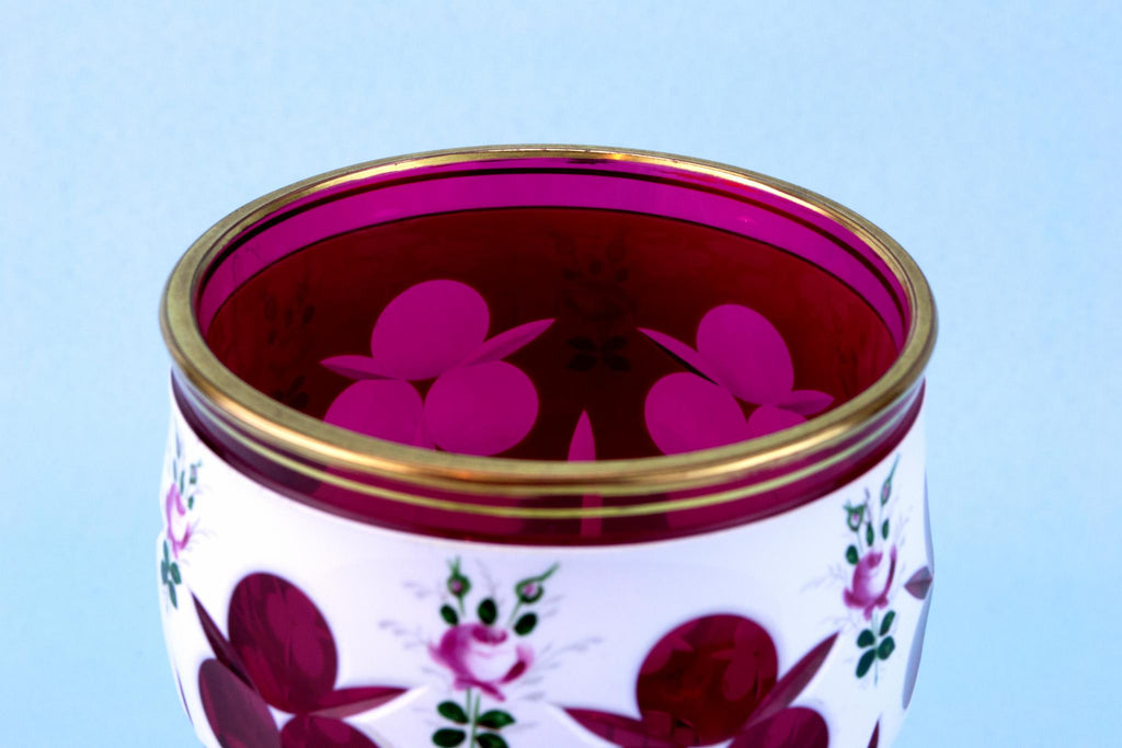 Cranberry & White Overlay Glass Vase, Bohemian Early 1900s