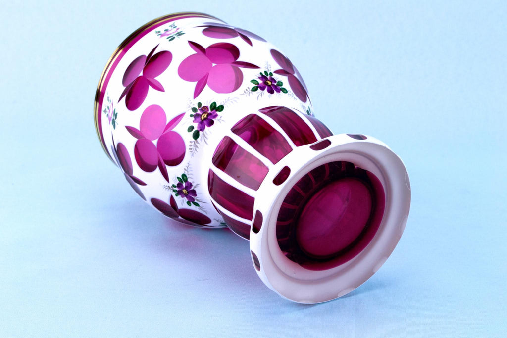 Cranberry & White Overlay Glass Vase, Bohemian Early 1900s