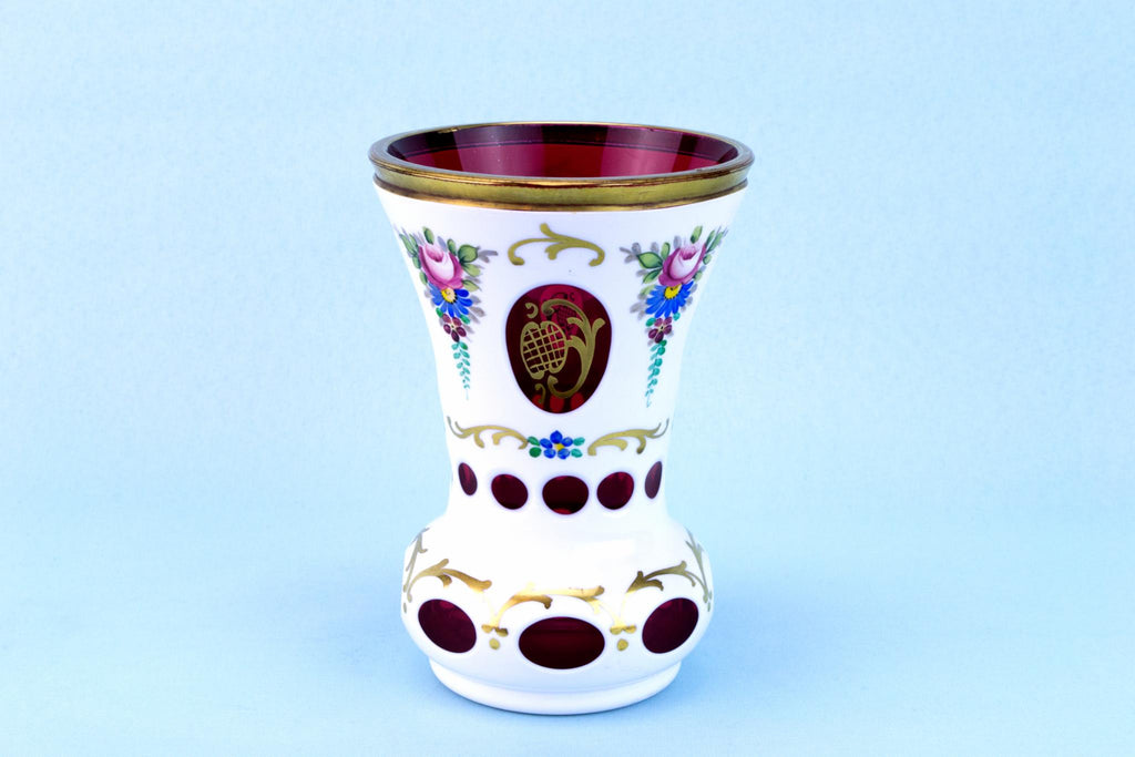 Overlay Cut Glass Beaker Vase, Bohemian Early 1900s