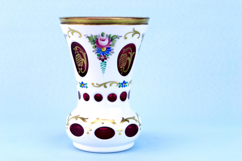 Overlay Cut Glass Beaker Vase, Bohemian Early 1900s