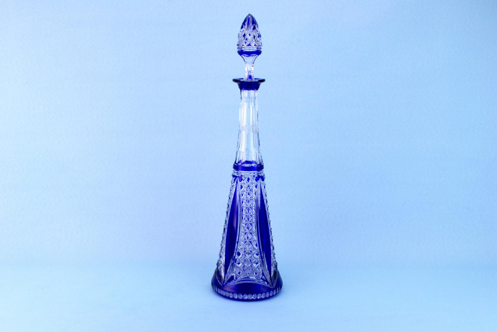 Tall Blue Glass Decanter, English 1930s