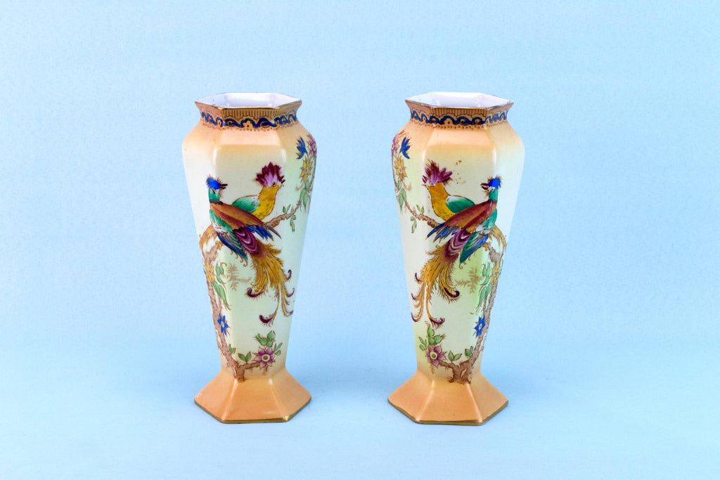 2 Bird Painted Ceramic Vases, English 1910s
