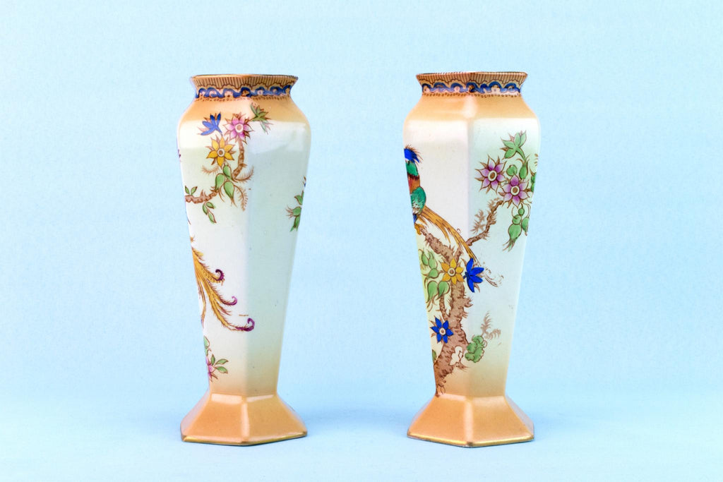 2 Bird Painted Ceramic Vases, English 1910s
