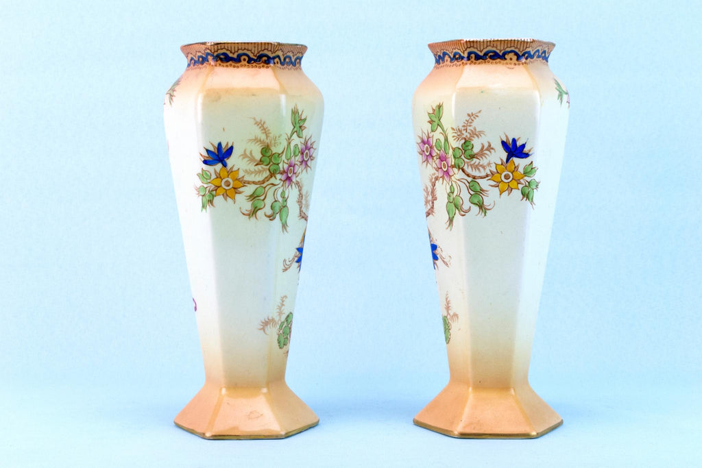 2 Bird Painted Ceramic Vases, English 1910s