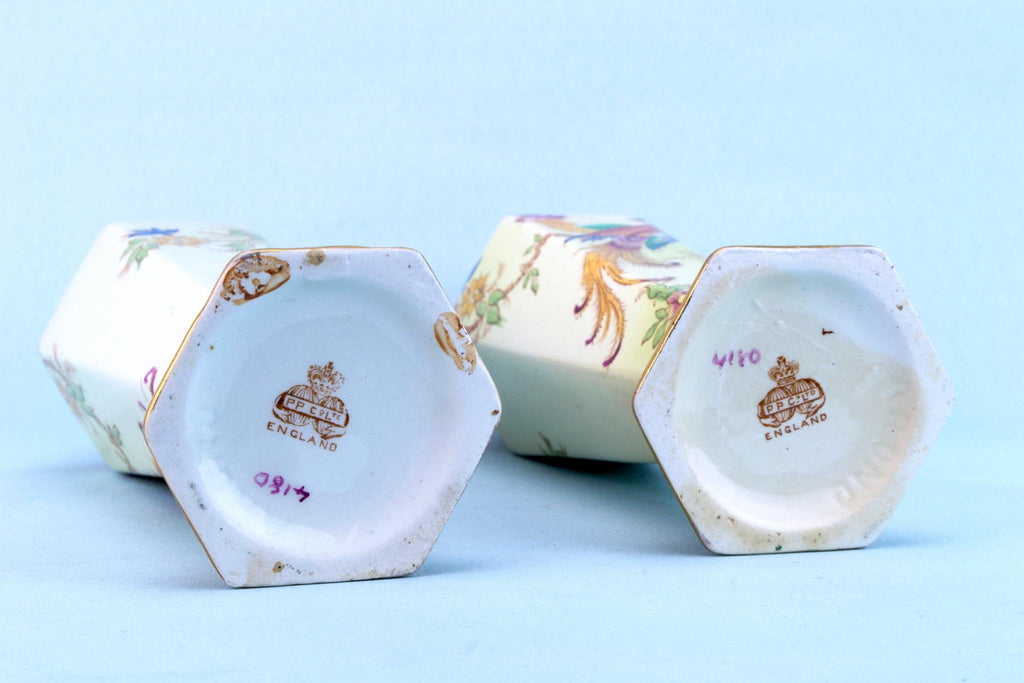 2 Bird Painted Ceramic Vases, English 1910s