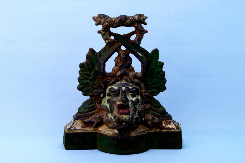 Cast Iron Meduza Head Door Stopper, English Circa 1900