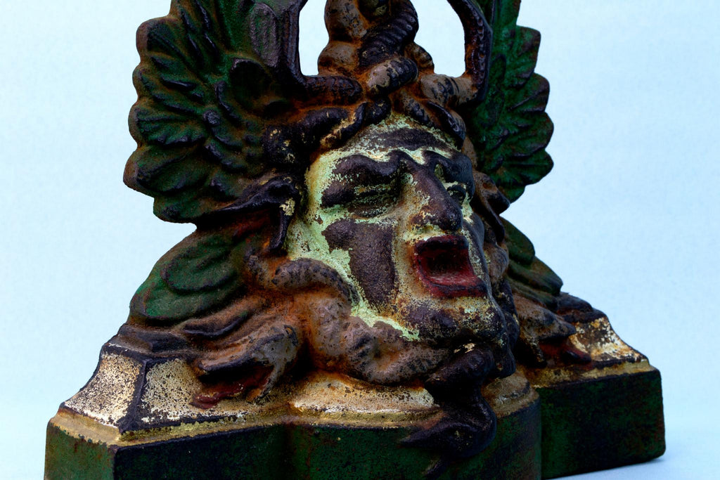 Cast Iron Meduza Head Door Stopper, English Circa 1900