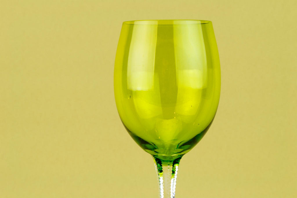 6 Green Wine Glasses Ripple Cut Stem, English Early 1900s