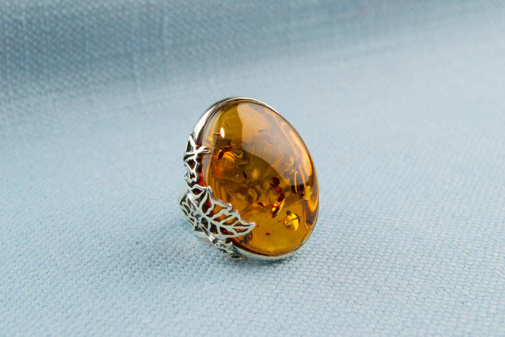 Sterling Silver Ring with Large Baltic Amber Cabochon