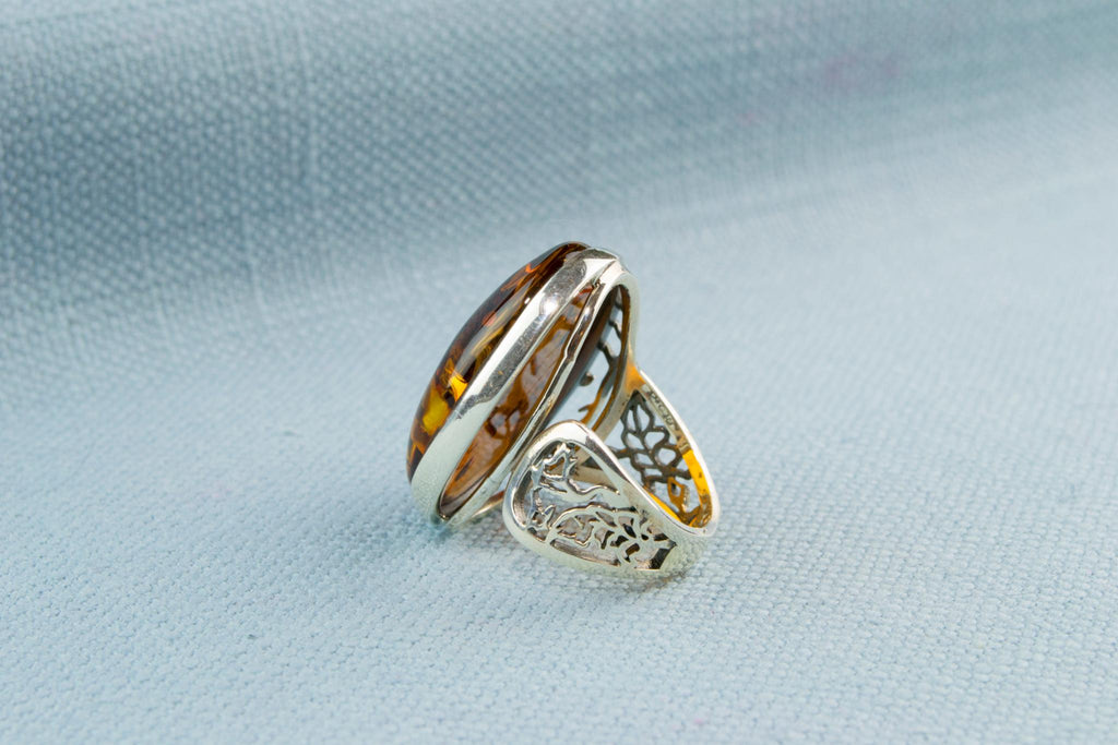 Sterling Silver Ring with Large Baltic Amber Cabochon