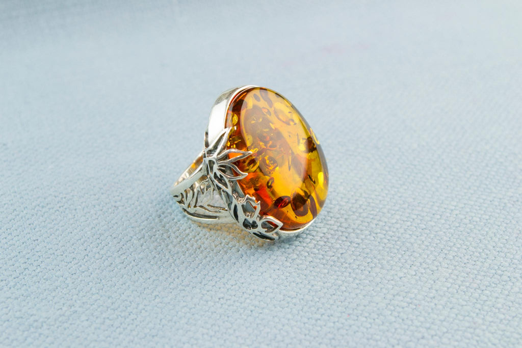 Large Cabochon Amber Ring in Sterling Silver