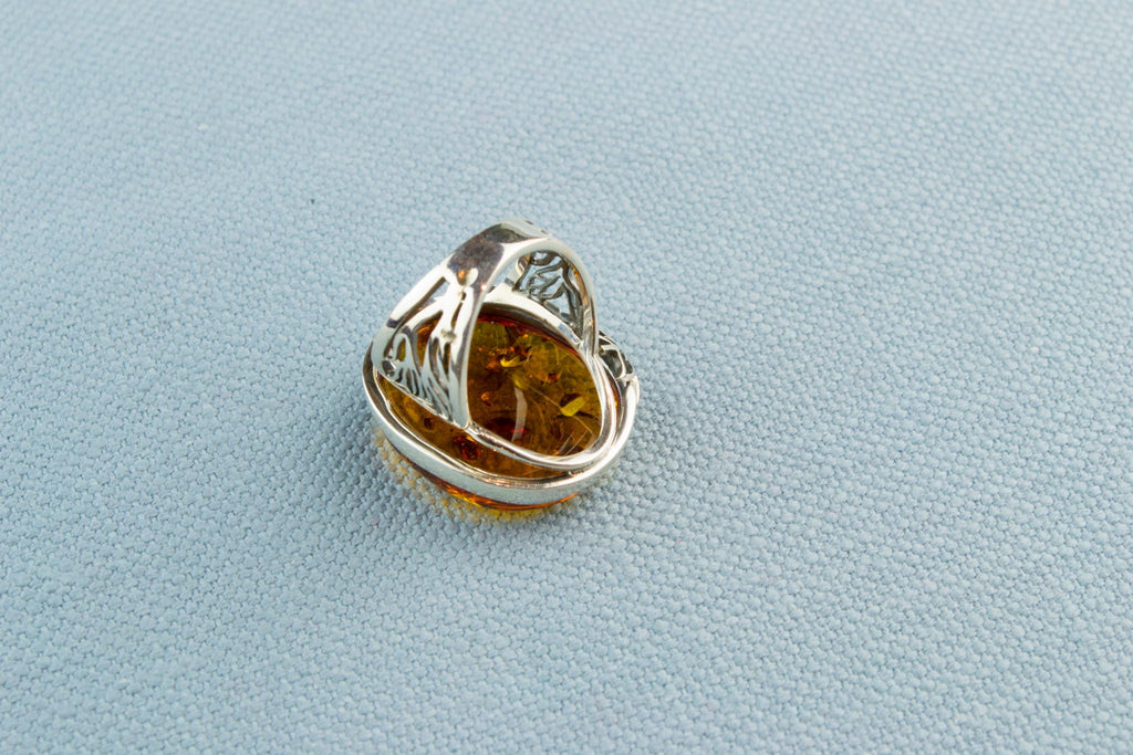 Large Cabochon Amber Ring in Sterling Silver