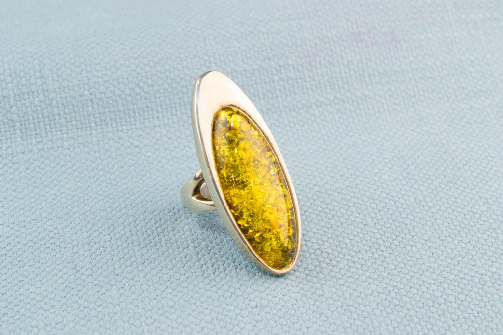 Large Marquise Ring in Silver and Baltic Amber