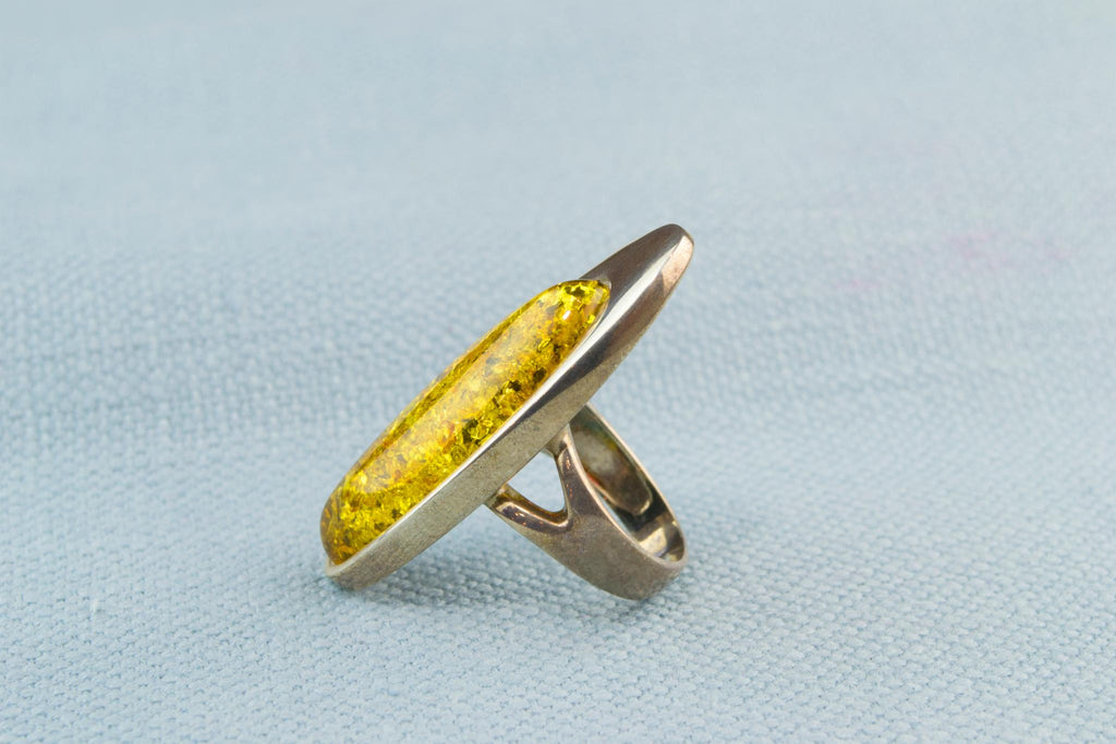 Large Marquise Ring in Silver and Baltic Amber