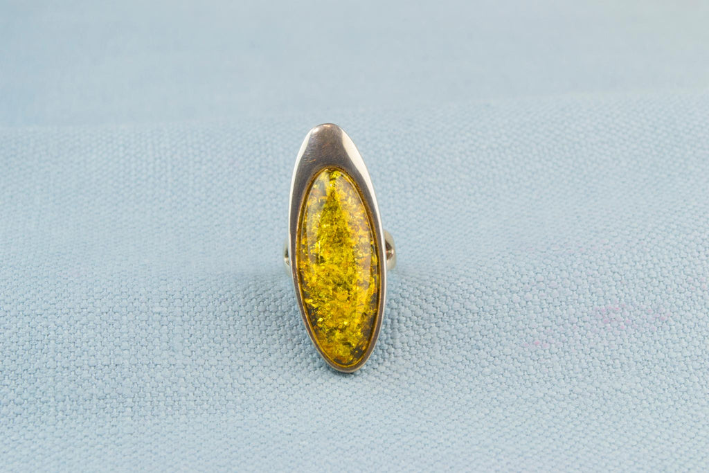 Large Marquise Ring in Silver and Baltic Amber