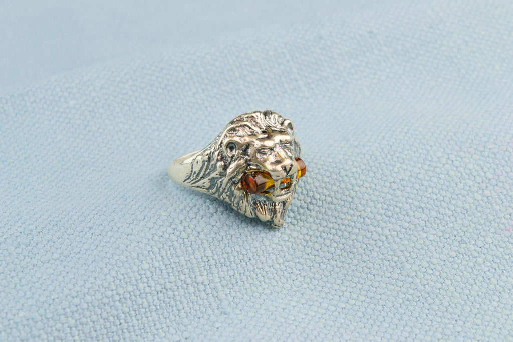 Ring Sterling Silver & Amber Lion Head
