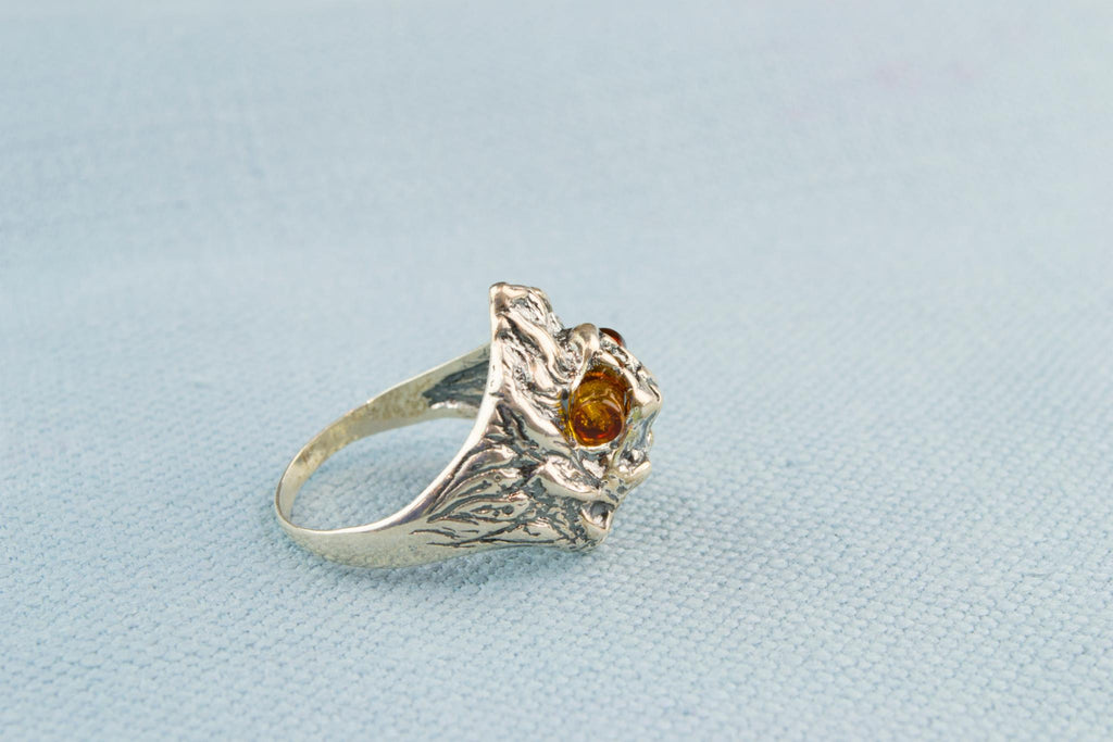 Ring Sterling Silver & Amber Lion Head