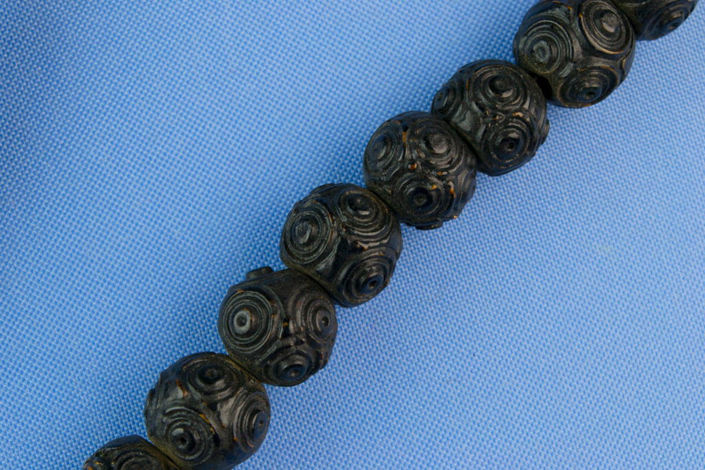 Carved Bog Oak Beads Necklace, English 19th Century