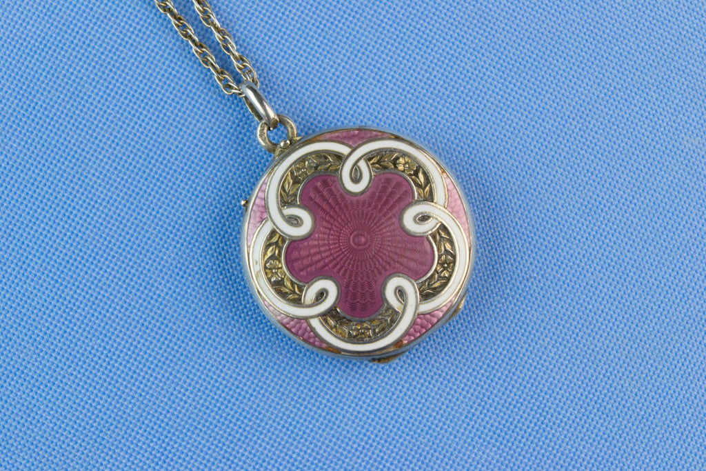 Necklace and Locket Lilac Guilloche Enamel, Continental European Early 1900s