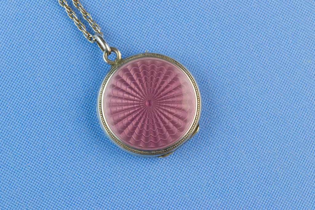 Necklace and Locket Lilac Guilloche Enamel, Continental European Early 1900s