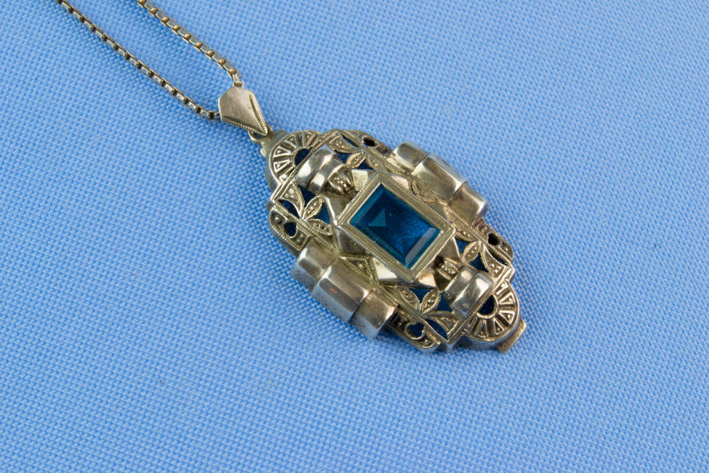 Silver & Blue Topaz Art Deco Necklace, French 1930s