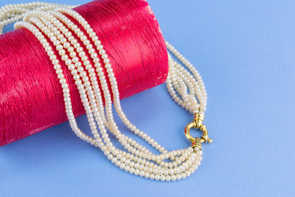 6 String Necklace 18ct Gold and Fresh Water Cultured Pearls