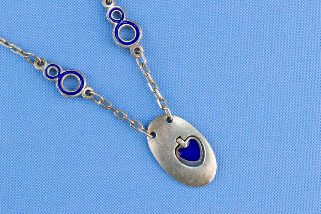 Silver and Blue Enamel Necklace with Heart Pendant