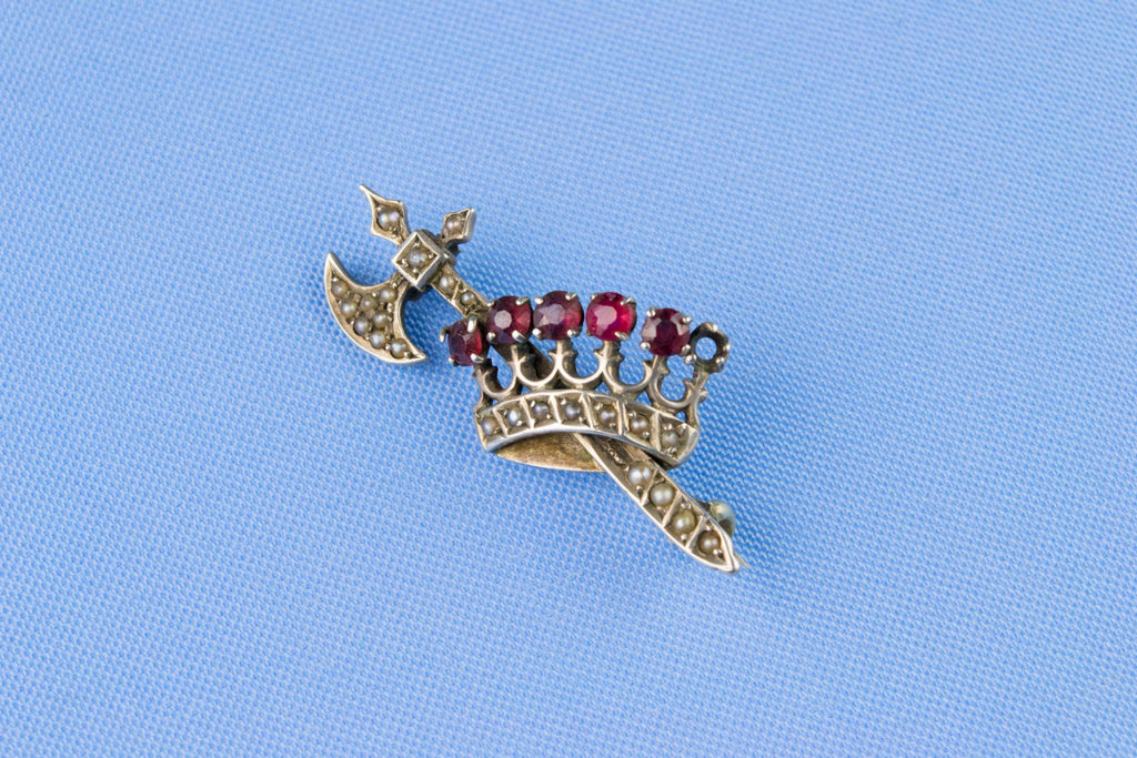Silver Ruby and Pearl Brooch, English 19th Century