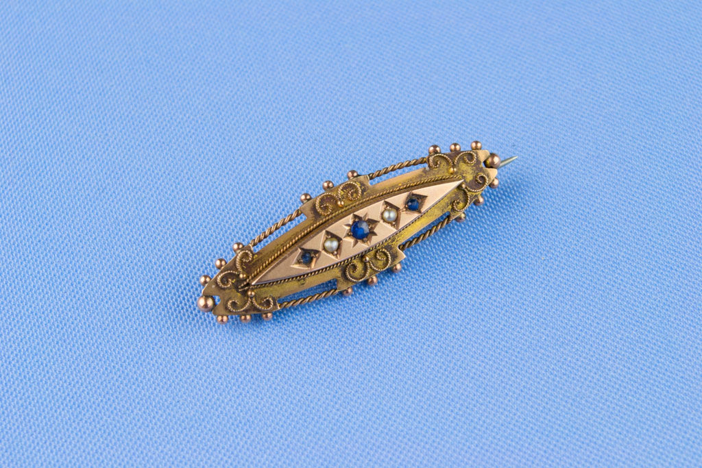 9ct Gold Brooch Pearls and Sapphire, English 1902