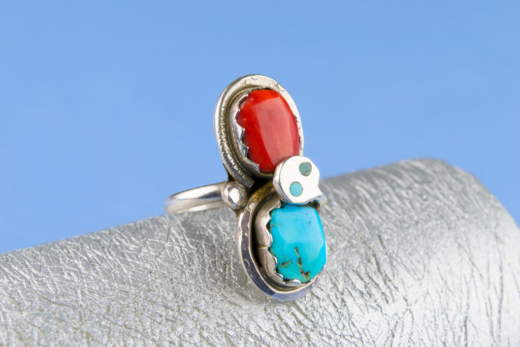 American Tribal Ring in Silver Turquoise and Coral