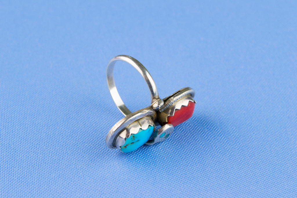 American Tribal Ring in Silver Turquoise and Coral