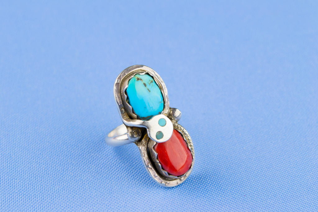 American Tribal Ring in Silver Turquoise and Coral