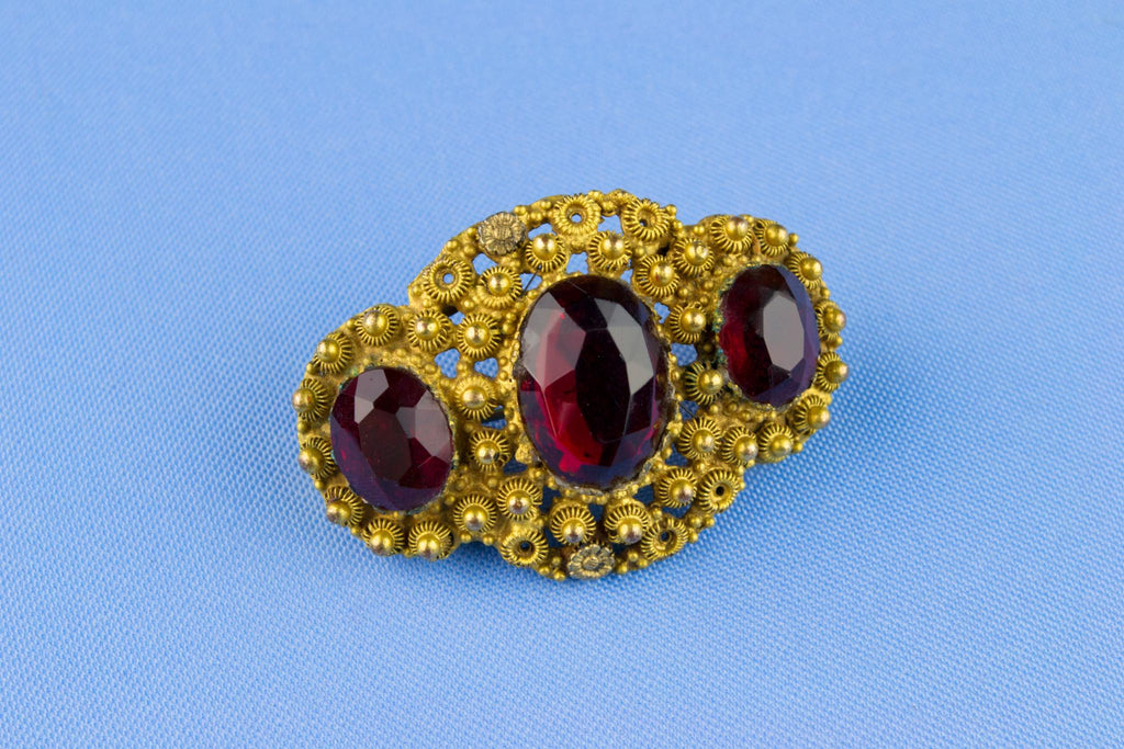 Victorian Gold Brooch with Red Paste Stones, English 19th Century