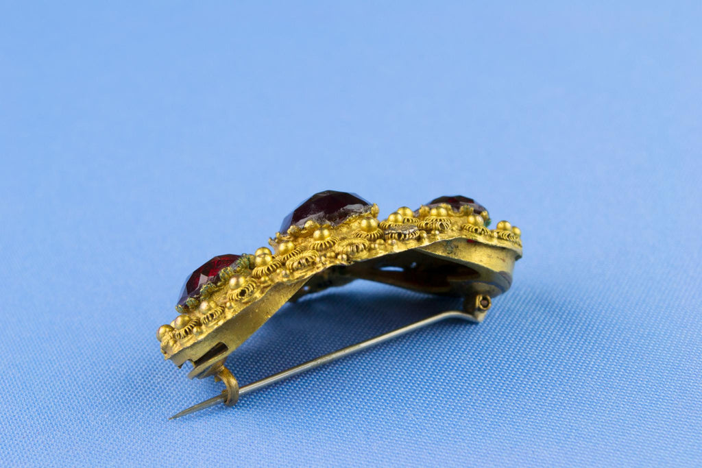 Victorian Gold Brooch with Red Paste Stones, English 19th Century