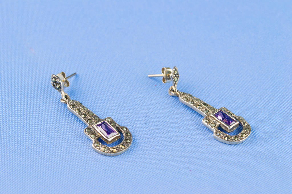 Sterling Silver Amethyst and Marcasite Pendant Earrings