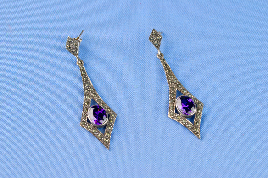 Amethyst and Marcasite Earrings in Sterling Silver