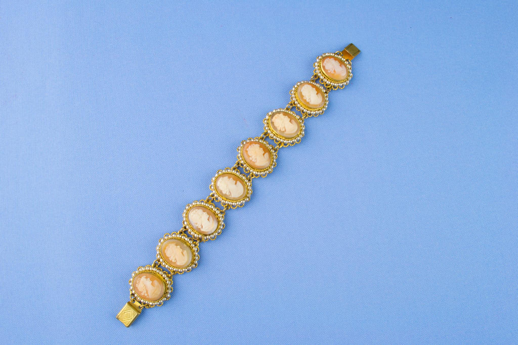 Carved Shell Cameo and Seed Pearl Bracelet