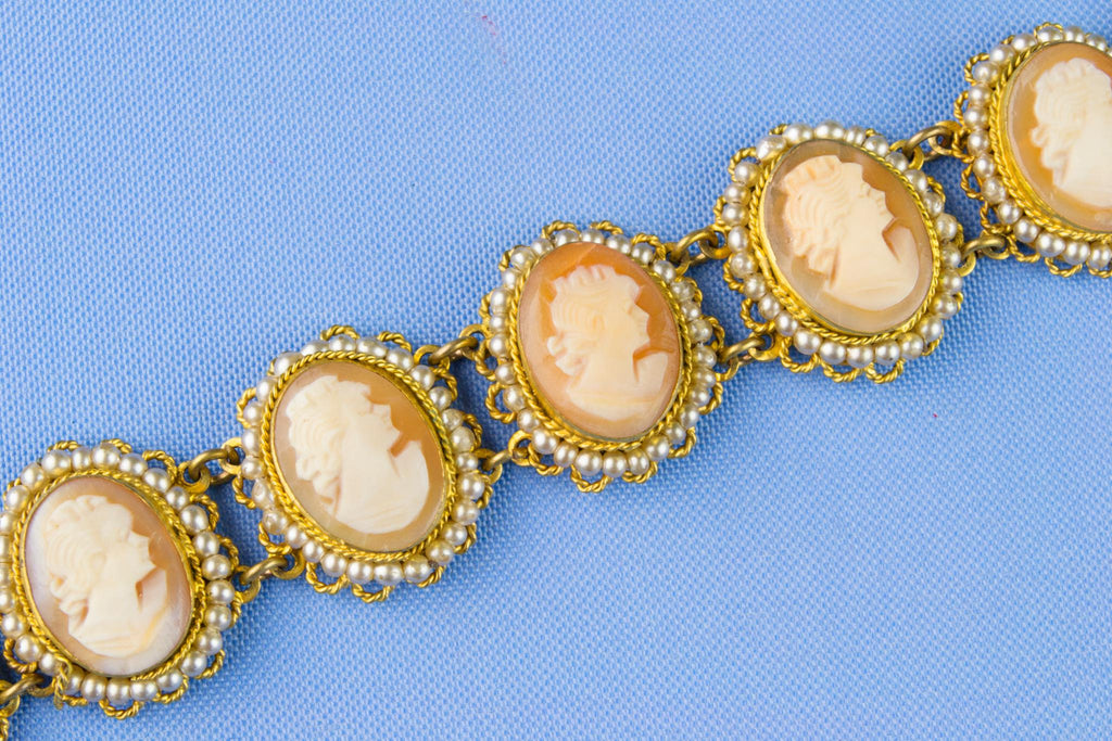 Carved Shell Cameo and Seed Pearl Bracelet