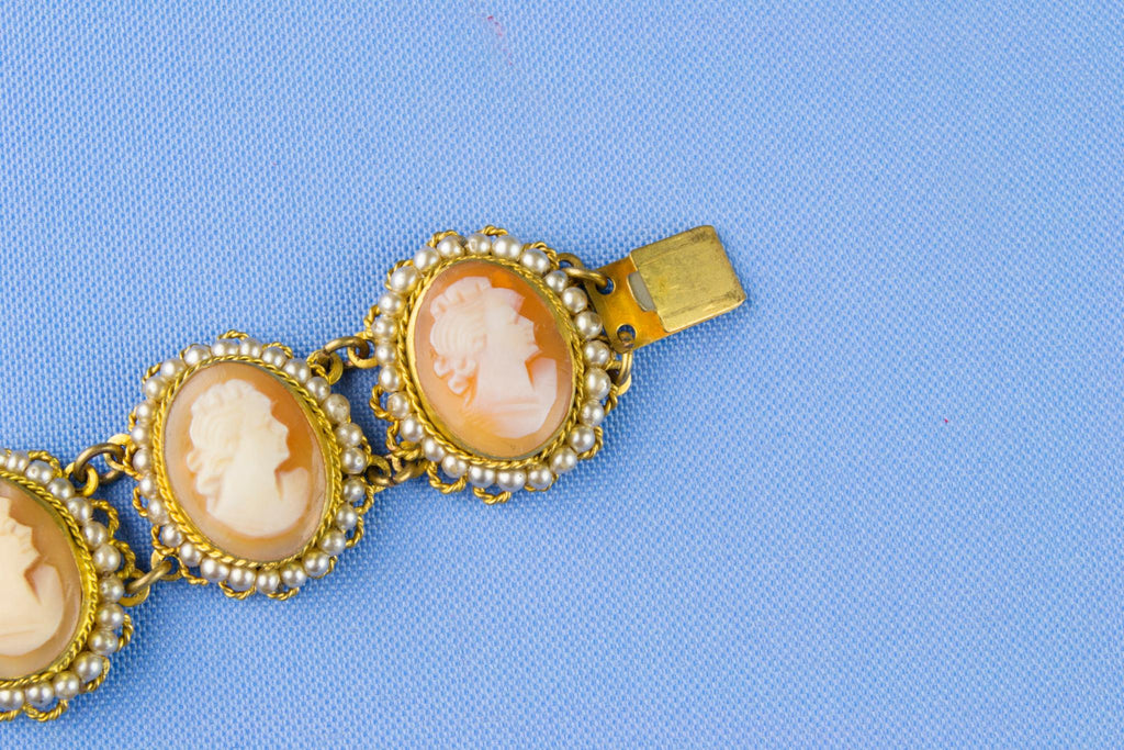 Carved Shell Cameo and Seed Pearl Bracelet