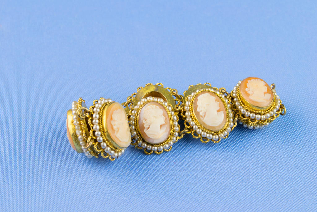 Carved Shell Cameo and Seed Pearl Bracelet