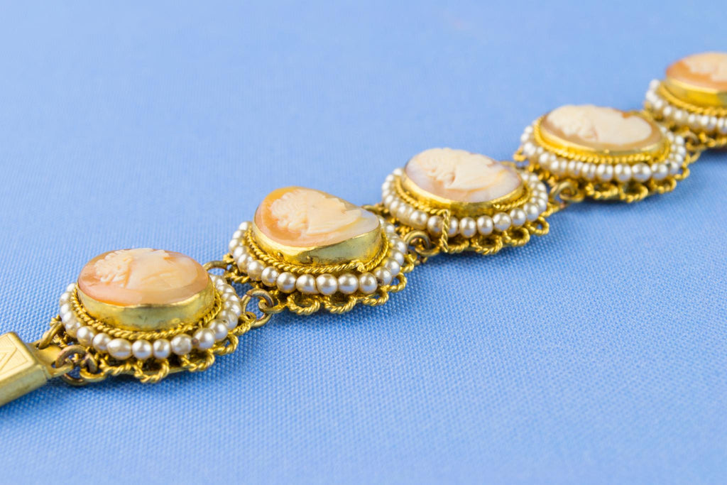 Carved Shell Cameo and Seed Pearl Bracelet