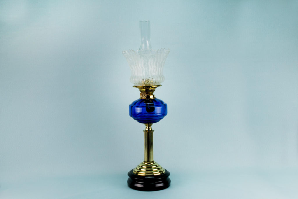 Large Blue Glass Oil Lamp, English 19th Century