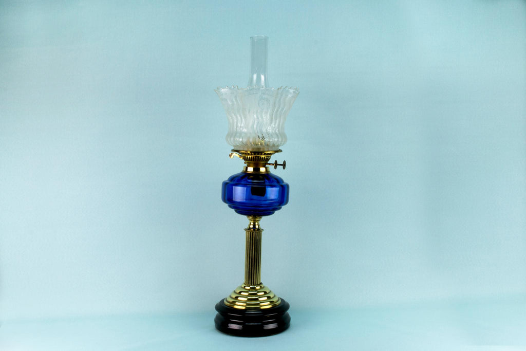 Large Blue Glass Oil Lamp, English 19th Century