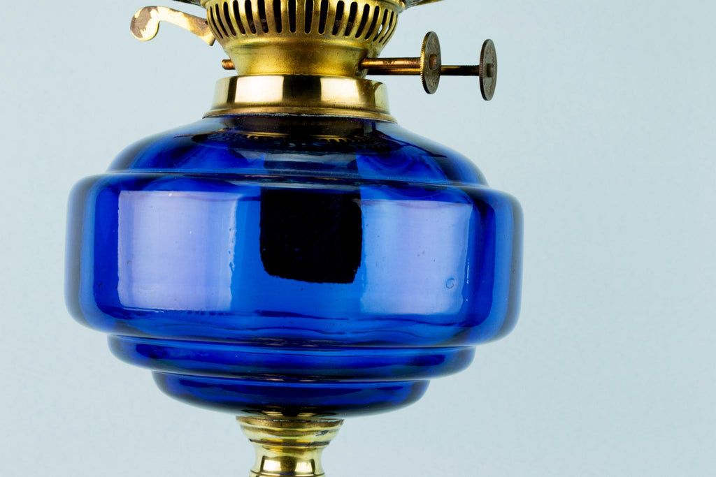 Large Blue Glass Oil Lamp, English 19th Century
