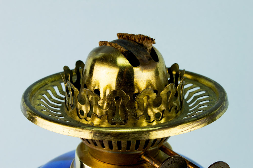 Large Blue Glass Oil Lamp, English 19th Century