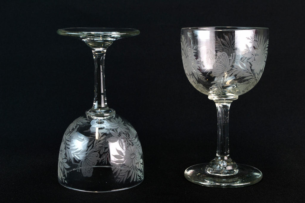 2 Desert Wine Glasses with Butterflies Decor, English Circa 1900