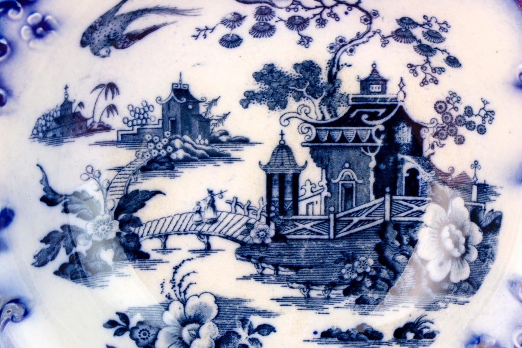 Flow Blue Serving Bowl, English Victorian 1890s