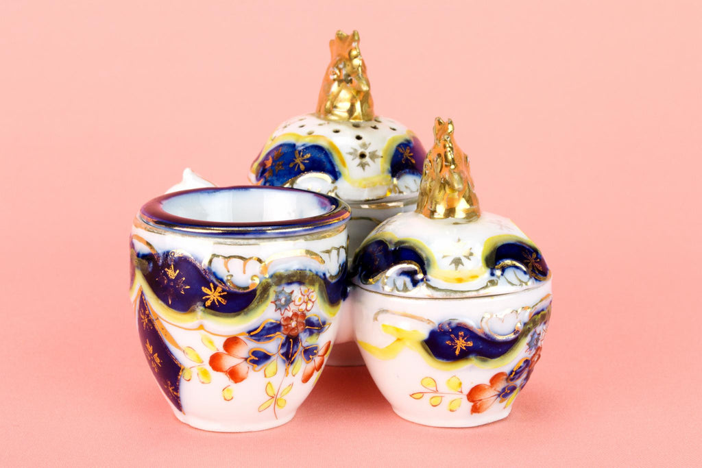 Chicken Shaped Condiment Set in Flow Blue Porcelain 19th Century