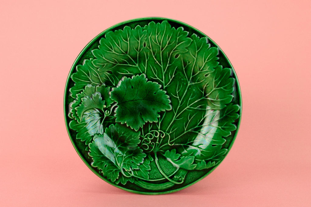 6 Green Majolica Dessert Plates, English 19th Century